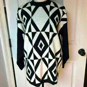 Jessica Scott Vintage Retro Black White Geometric Block Sweater Large Oversize